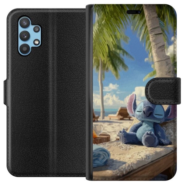 Kompatibelt Plånboksfodral till Samsung Galaxy A32 5G Stitch Disney figur med tropisk strandmotiv