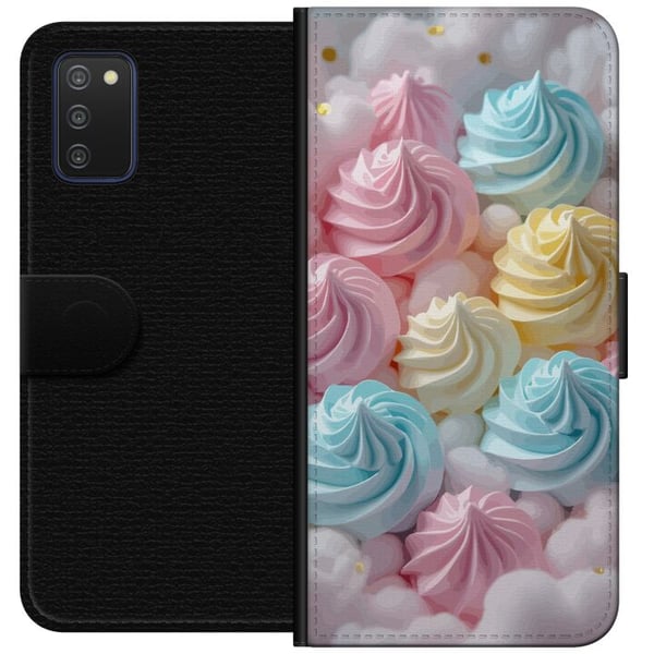 Kompatibelt Lommeboketui til Samsung Galaxy A03s Pastellmarengsmotiv med candyfargene rosa, blått og gult, søtt bakedesign for fikaelskere
