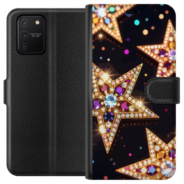 Kompatibelt Lommeboketui til Samsung Galaxy S10 Lite Gyldne glitterstjerner med krystaller og festlig lyseffekt på mørk bakgrunn, et elegant motiv fo Kompatibelt Lommeboketui til Samsung Galaxy S10 Lite Gyldne glitterstjerner med krystaller og festlig lyseffekt på mørk bakgrunn, et elegant motiv fo