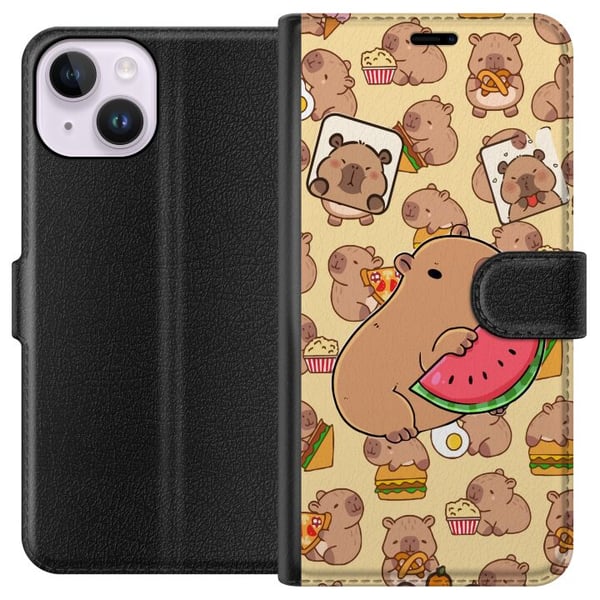 Yhteensopiva Lompakkokotelo Apple iPhone 14 Capybara naposteluaika Söpöt kapibaarit nauttivat vesimeloni pizzasta ja popkornista lämpimässä ja leikki