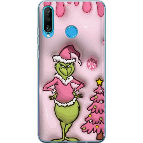 Kompatibel Mobilcover til Huawei P30 lite Grøn julefigur i lyserød nissedragt, sjovt og farverigt twist på den klassiske juledyrker for et humoristis
