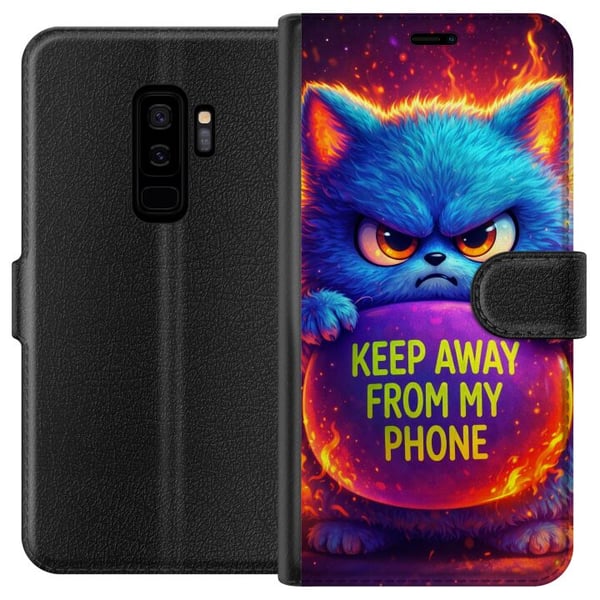 Kompatibelt Plånboksfodral till Samsung Galaxy S9+ Arg fluffig blå katt med texten Keep Away From My Phone i neonfärger och eldliknande effekter, hum Kompatibelt Plånboksfodral till Samsung Galaxy S9+ Arg fluffig blå katt med texten Keep Away From My Phone i neonfärger och eldliknande effekter, hum