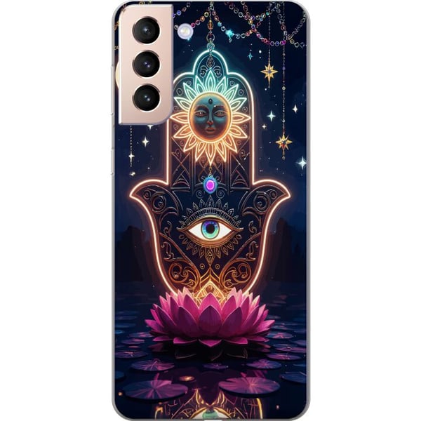 Kompatibelt Mobildeksel til Samsung Galaxy S21 Symbolisk håndillustrasjon med øye, blomst og lys Kompatibelt Mobildeksel til Samsung Galaxy S21 Symbolisk håndillustrasjon med øye, blomst og lys