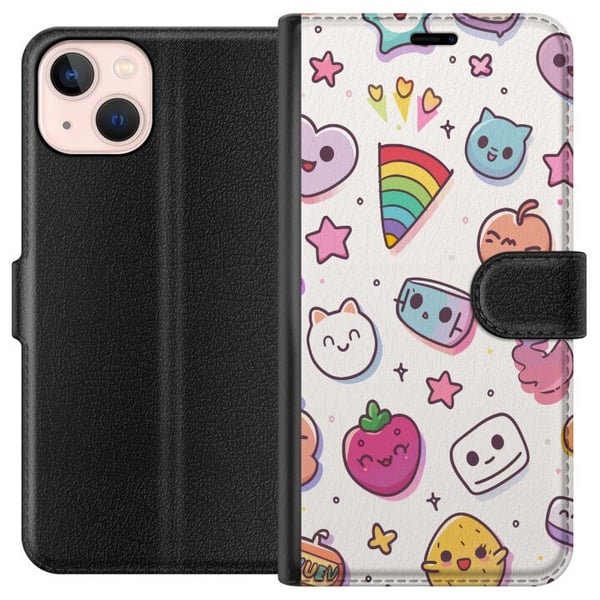 Kompatibelt Lommeboketui til Apple iPhone 13 mini Kawaii-doodle-kollasj med søte figurer, frukter, stjerner, hjerter, pastellfarger og leken tegneser Kompatibelt Lommeboketui til Apple iPhone 13 mini Kawaii-doodle-kollasj med søte figurer, frukter, stjerner, hjerter, pastellfarger og leken tegneser