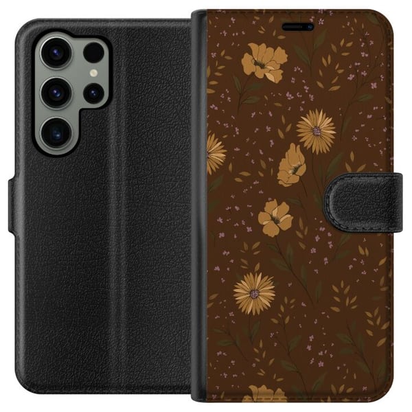 Kompatibelt Lommeboketui til Samsung Galaxy S23 Ultra Retro blomstermønster brun bakgrunn blomster vintage 70-tallsstil bohemsk tapetdesign trykk