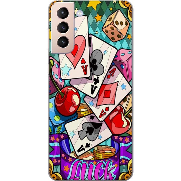 Kompatibel Mobilcover til Samsung Galaxy S21 Lucky Hands casino-popartdesign med spillekort, terninger, kirsebær og retroinspireret farverig stil