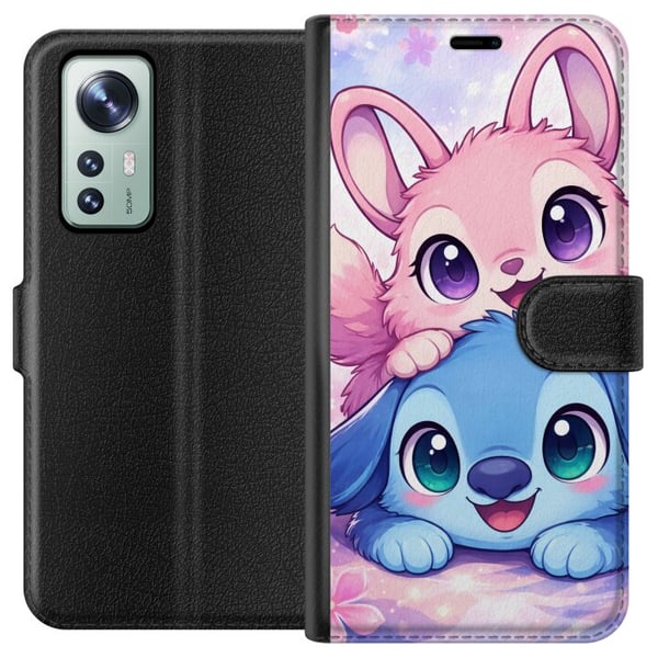 Kompatibel Tegnebogsetui til Xiaomi 12 Sød kawaii-illustration med lyserøde og blå fantasidyr, store øjne og bløde farver, perfekt dekoration til bør