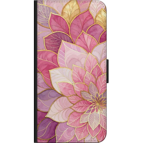 Kompatibelt Plånboksfodral till Samsung Galaxy A20s Blommig mandala – Rosa och lila mönster med gyllene detaljer illustration