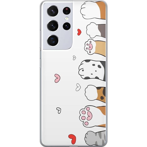 Kompatibel Mobilcover til Samsung Galaxy S21 Ultra 5G Søde kattepoter med hjerter på hvid baggrund, minimalistisk kawaii-motiv til dyreelskere, blødt