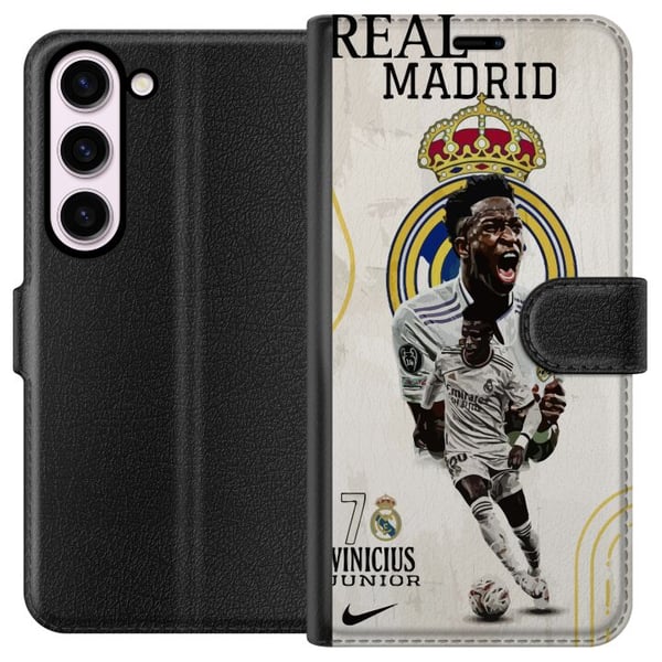 Kompatibelt Lommeboketui til Samsung Galaxy S23 Real Madrid Vinícius Júnior med spiss i trøye nummer 7 klubbmerke hvit kampdrakt energisk positur og Kompatibelt Lommeboketui til Samsung Galaxy S23 Real Madrid Vinícius Júnior med spiss i trøye nummer 7 klubbmerke hvit kampdrakt energisk positur og