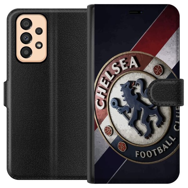 Yhteensopiva Lompakkokotelo Samsung Galaxy A33 5G Chelsea FC:n 3D-tyylinen tunnus, jossa on sinisiä, valkoisia ja punaisia yksityiskohtia, jotka luov