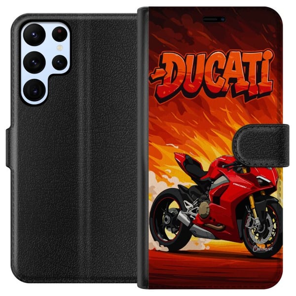 Yhteensopiva Lompakkokotelo Samsung Galaxy S22 Ultra 5G Ducati punainen urheilumoottoripyörä tulista taustaa vasten vauhdikas aihe moottoripyöräilyn