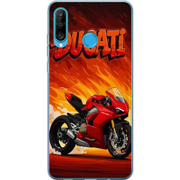 Kompatibel Mobilcover til Huawei P30 lite Ducati rød sportsmotorcykel mod en brændende baggrund fartfyldt motiv for motorentusiaster