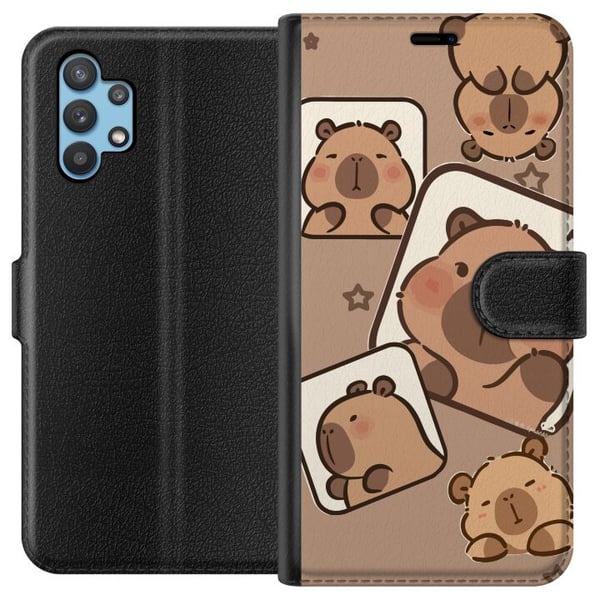 Kompatibelt Plånboksfodral till Samsung Galaxy A32 5G Capybara Frame Friends Lekfull design med små capybaror i rutor med stjärnor och beige bakgrund