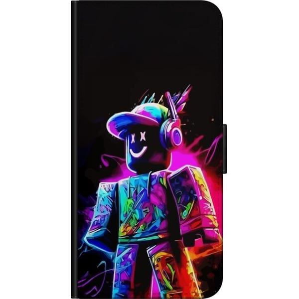 Yhteensopiva Lompakkokotelo Samsung Galaxy A20s Roblox Neon Player Värikäs Roblox-hahmo neonväreissä mustaa taustaa vasten modernissa pelityylissä