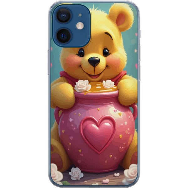 Kompatibel Mobilcover til Apple iPhone 12 mini Sød gul bjørn inspireret af Peter Plys med hjerteformet lyserødt glas og honning, et varmt og charmere