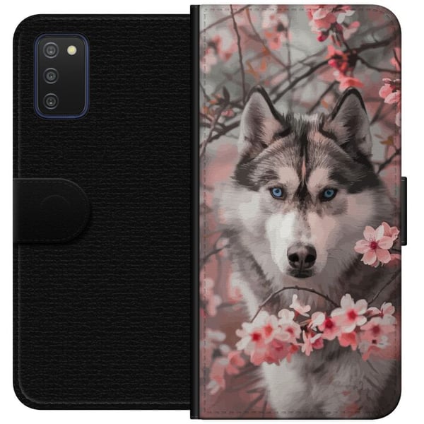 Kompatibelt Lommeboketui til Samsung Galaxy A03s Siberian Husky plakat hund blå øyne kirsebærblomster hund ulv natur dyr blomster søt retro design