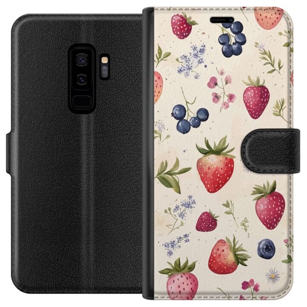 Kompatibelt Lommeboketui til Samsung Galaxy S9+ Sommerlig bærmønster med jordbær, blåbær og blomster i akvarell – trendy og frisk design som passer a Kompatibelt Lommeboketui til Samsung Galaxy S9+ Sommerlig bærmønster med jordbær, blåbær og blomster i akvarell – trendy og frisk design som passer a