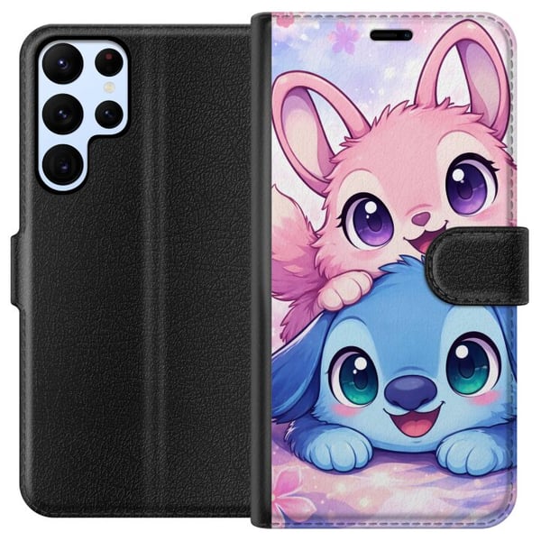 Yhteensopiva Lompakkokotelo Samsung Galaxy S22 Ultra 5G Söpö kawaii-kuvitus, jossa on vaaleanpunaisia ja sinisiä fantasiaeläimiä, suuret silmät ja pe