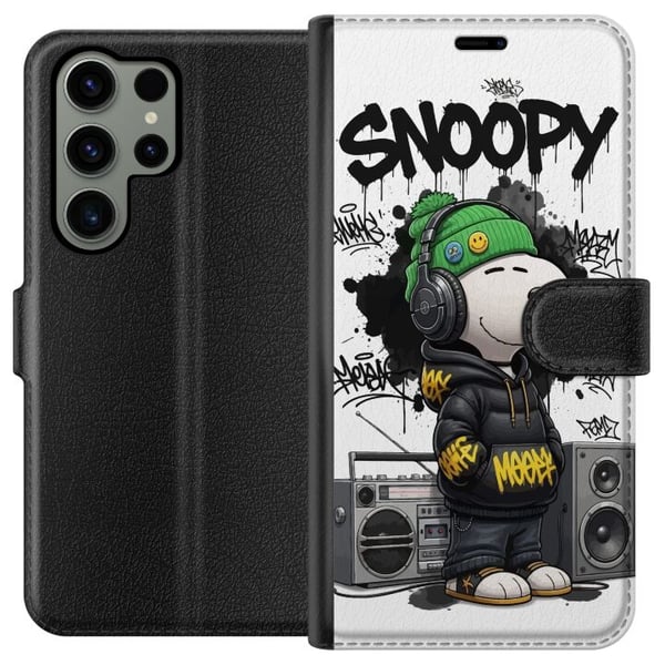 Kompatibelt Lommeboketui til Samsung Galaxy S23 Ultra Snoopy i streetwear med hodetelefoner og graffitistil står ved siden av en boombox og smiler br Kompatibelt Lommeboketui til Samsung Galaxy S23 Ultra Snoopy i streetwear med hodetelefoner og graffitistil står ved siden av en boombox og smiler br