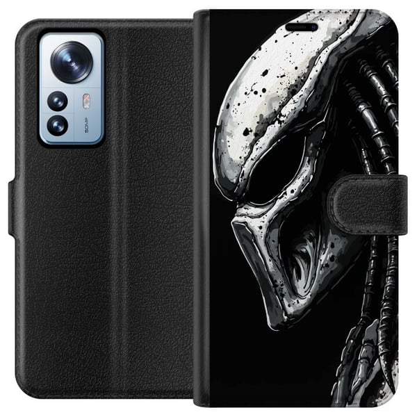 Kompatibelt Plånboksfodral till Xiaomi 12 Pro Dramatisk illustration av Predator-mask med metalliska texturer skuggor och detaljer som förstärker iko