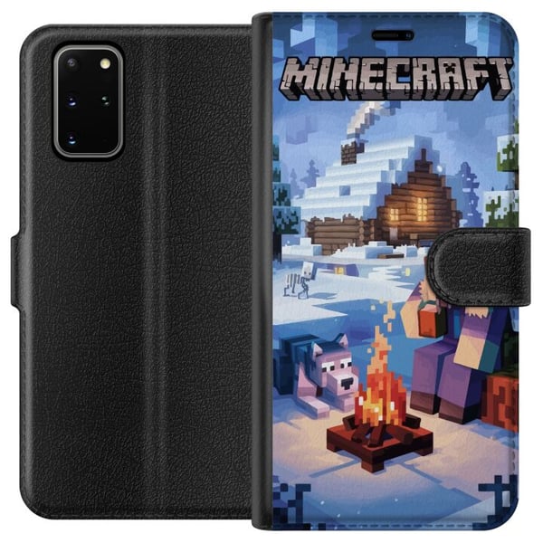 Kompatibelt Plånboksfodral till Samsung Galaxy S20+ Minecraft vintermotiv med Steve varg lägereld och snöig stuga spelillustration för Minecraft fans Kompatibelt Plånboksfodral till Samsung Galaxy S20+ Minecraft vintermotiv med Steve varg lägereld och snöig stuga spelillustration för Minecraft fans