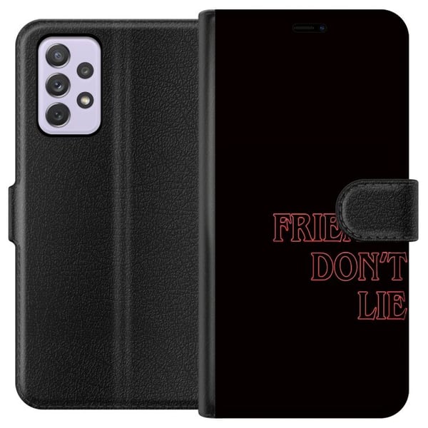 Kompatibelt Plånboksfodral till Samsung Galaxy A52s 5G Stranger Things Friends Don’t Lie – neonröd textdesign med populärt Stranger Things citat från