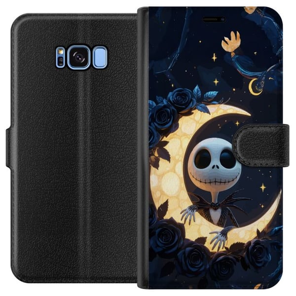 Kompatibelt Plånboksfodral till Samsung Galaxy S8 Moonlight Skeleton motiv med skelettfigur som sitter på måne omgiven av stjärnor och rosor