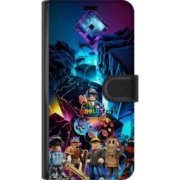 Kompatibelt Plånboksfodral till Samsung Galaxy A14 5G Roblox futuristisk neonvärld med spelkontroller, karaktärer och ljuseffekter – perfekt för alla