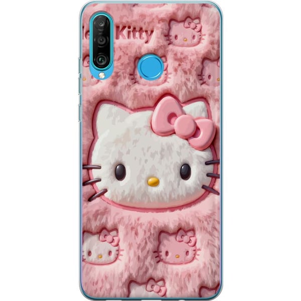 Kompatibelt Mobilskal till Huawei P30 lite Hello Kitty-inspirerad rosa fluffdesign med ikoniskt kattansikte i kawaii-stil