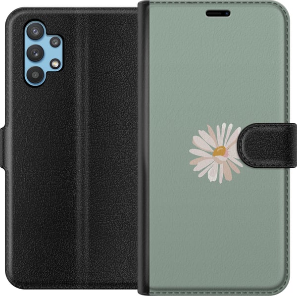 Yhteensopiva Lompakkokotelo Samsung Galaxy A32 5G Vihreä Minimalikukka - tyylikäs kukka vihreällä taustalla