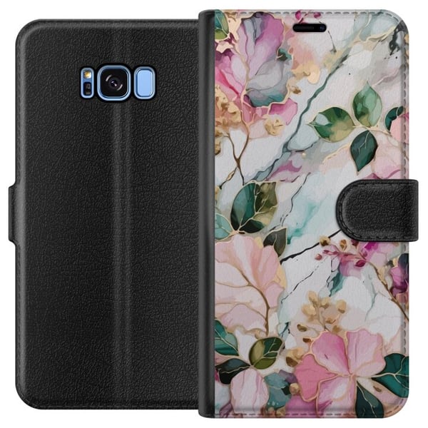 Kompatibelt Plånboksfodral till Samsung Galaxy S8 Pastellmarmor med blommor blad och subtila gyllene detaljer i mjuk komposition