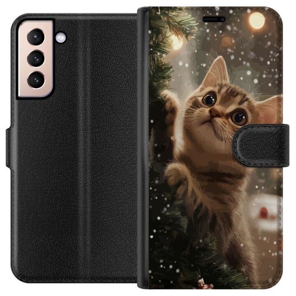 Kompatibelt Lommeboketui til Samsung Galaxy S21 Katt som klatrer i juletre med snøfall, koselig vinterdesign perfekt for katte- og juleelskere