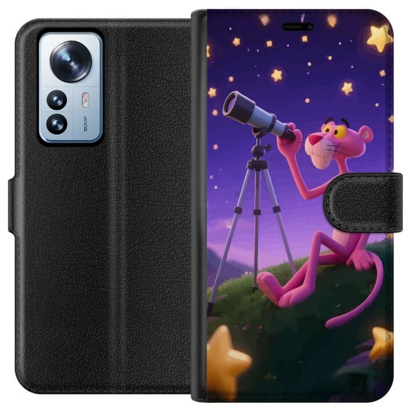 Kompatibelt Plånboksfodral till Xiaomi 12 Pro Pink Panther Stars med den rosa pantern bland stjärnor ett retro och charmigt motiv