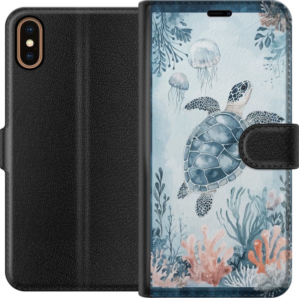 Kompatibel Tegnebogsetui til Apple iPhone X Akvarellskildpadde i et roligt blåt hav blandt koraller og svævende vandmænd