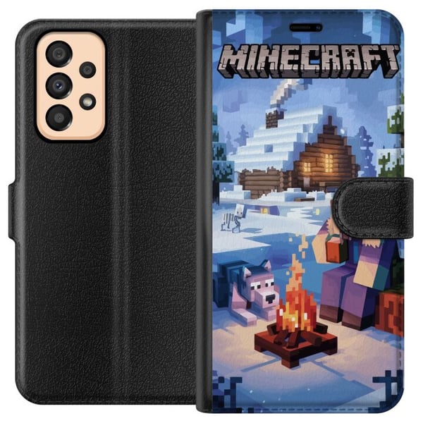 Yhteensopiva Lompakkokotelo Samsung Galaxy A33 5G Minecraft-talviaihe, jossa Steve, susi, nuotio ja luminen mökki, Minecraft-faneille tarkoitettu pel