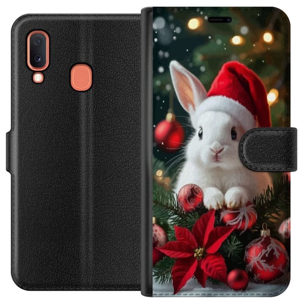 Kompatibelt Plånboksfodral till Samsung Galaxy A20e Julkanin med tomteluva söt bunny winter red ornaments festive kawaii christmas cosy lights poster Kompatibelt Plånboksfodral till Samsung Galaxy A20e Julkanin med tomteluva söt bunny winter red ornaments festive kawaii christmas cosy lights poster