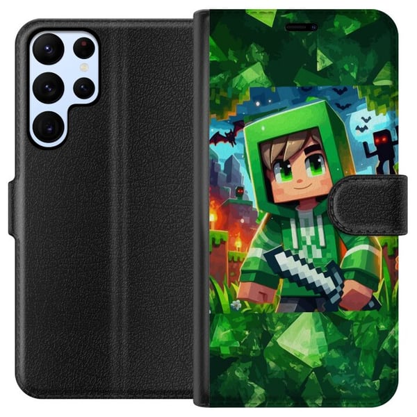 Yhteensopiva Lompakkokotelo Samsung Galaxy S22 Ultra 5G Minecraft-pelaajapoika vihreässä hupparissa – piirretty Minecraft-poika, jolla on miekka, pik