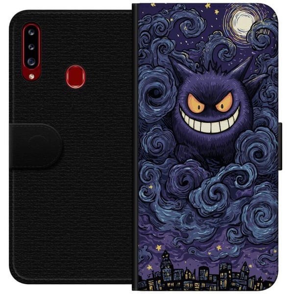 Kompatibelt Plånboksfodral till Samsung Galaxy A20s Pokémon Gengar illustration – Mörkt motiv med stjärnhimmel och stadskonst