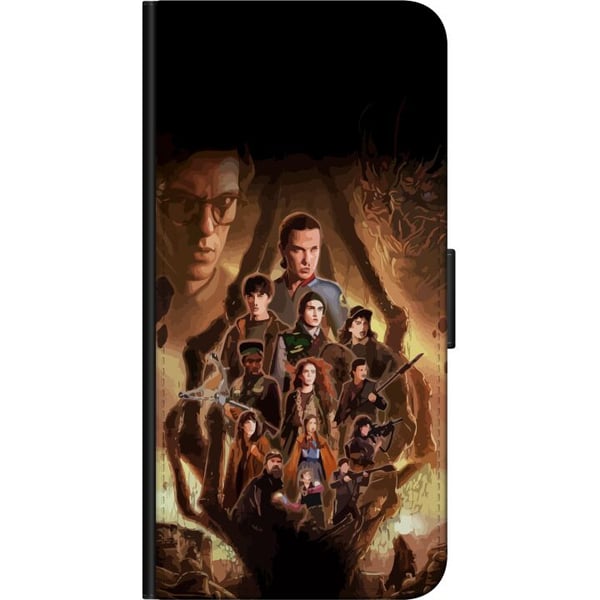 Kompatibelt Plånboksfodral till Samsung Galaxy A20s Stranger Things-gruppbild med hjältarna i mörk fantasymiljö och hotfull varelse