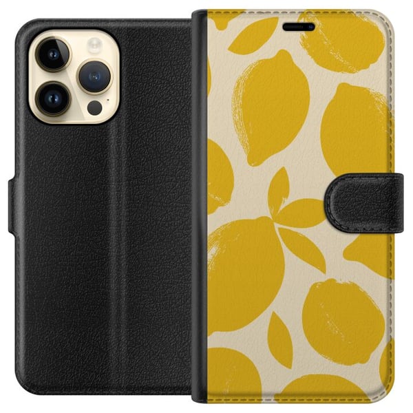Kompatibel Tegnebogsetui til Apple iPhone 14 Pro Max Citrus citroner citrontryk gul frugt køkken sommer retro design mønster inspiration frisk køkken