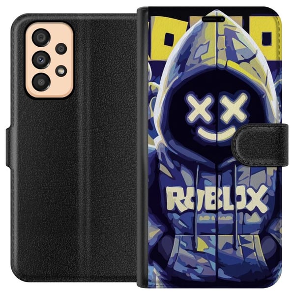 Yhteensopiva Lompakkokotelo Samsung Galaxy A33 5G Sinikeltainen Roblox-henkinen hupparihahmo maskilla ja minimalistisella neon-tyylillä, tyylikäs pel