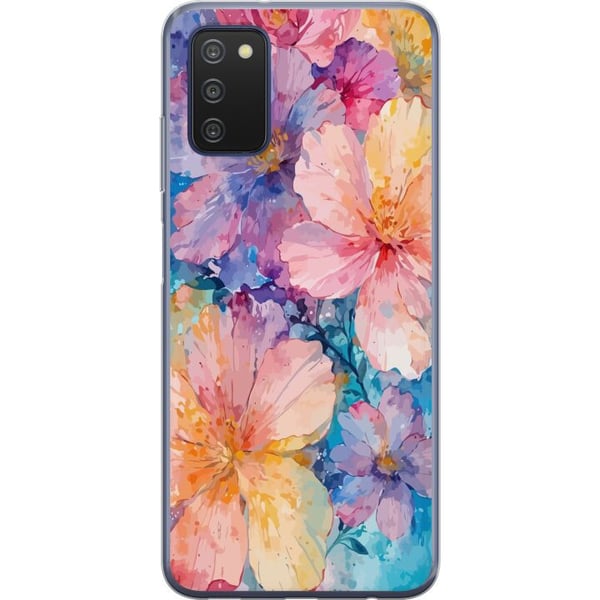 Kompatibelt Mobildeksel til Samsung Galaxy A03s Akvellmaleri med store blomster i rosa, blå og gule toner i en myk, kunstnerisk stil