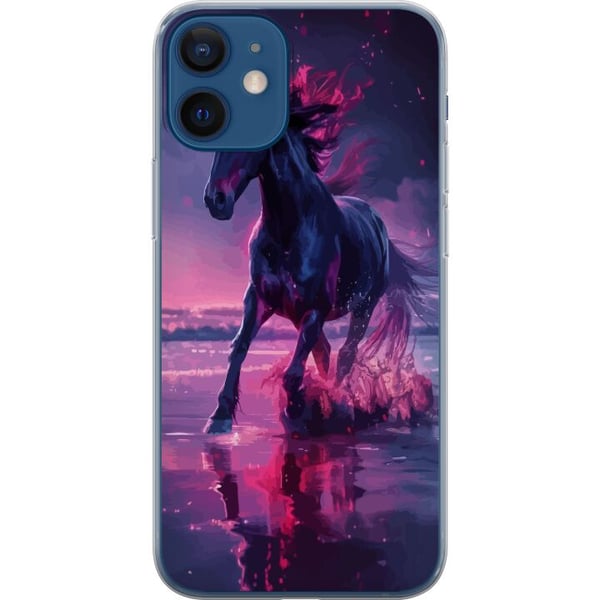 Kompatibelt Mobilskal till Apple iPhone 12 mini Elegant svart häst som springer genom vatten i lila och rosa ljus med magisk känsla