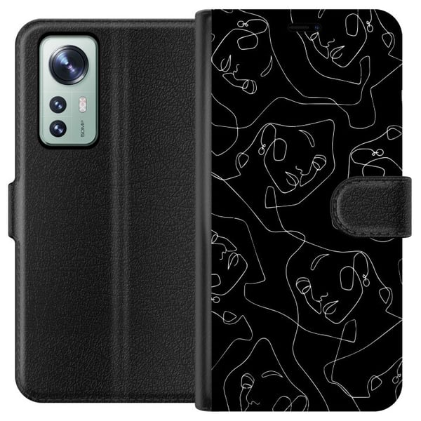 Kompatibel Tegnebogsetui til Xiaomi 12 Abstrakte ansigter stregkunst i hvidt på mørk baggrund moderne minimalistisk stil til kunstelskere