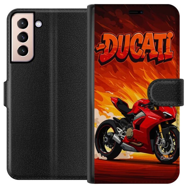 Kompatibelt Lommeboketui til Samsung Galaxy S21 Ducati rød sportsmotorsykkel mot en brennende bakgrunn fartsfylt motiv for motorentusiaster
