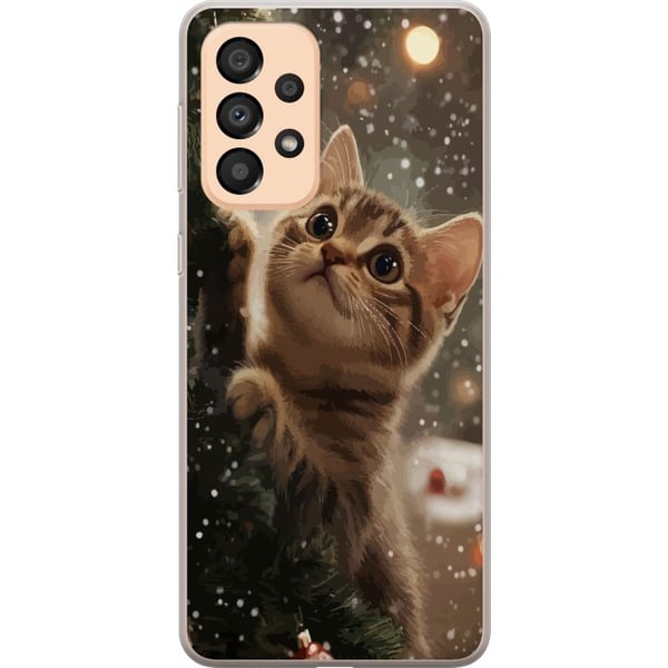 Kompatibelt Mobildeksel til Samsung Galaxy A33 5G Katt som klatrer i juletre med snøfall, koselig vinterdesign perfekt for katte- og juleelskere