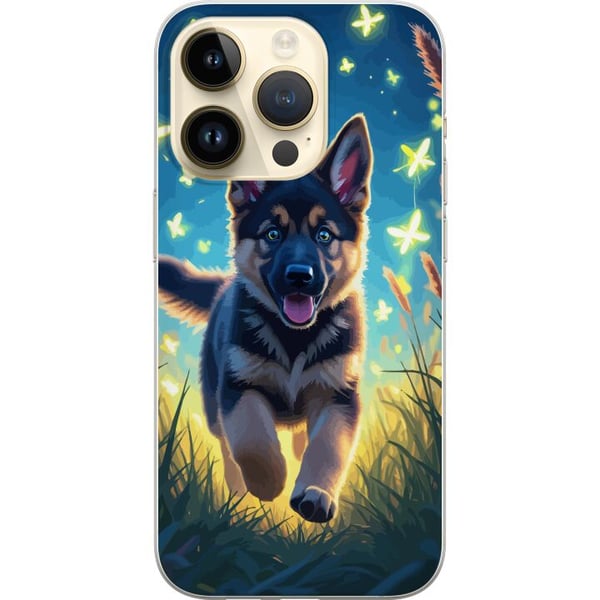 Kompatibel Mobilcover til Apple iPhone 14 Pro Hvalp schæferhund hund plakat hund hvalp løber eng sommerfugle sød dyreillustration natkunst
