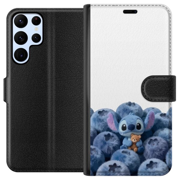 Yhteensopiva Lompakkokotelo Samsung Galaxy S22 Ultra 5G Söpö sininen hahmo mustikoiden keskellä nallen kanssa pehmeässä ja leikkisässä kuvituksessa l