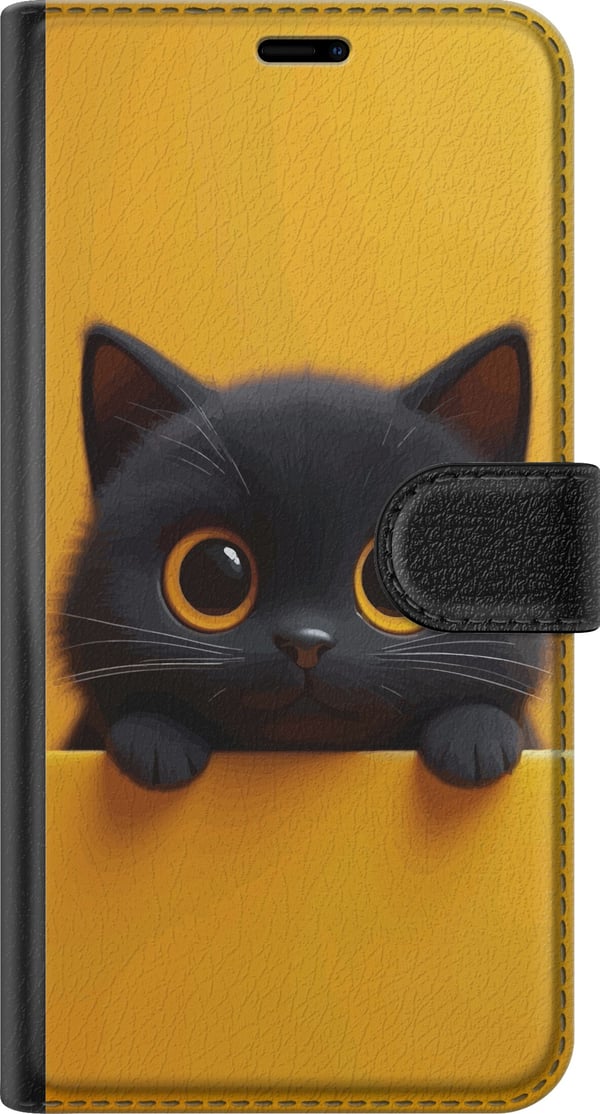 Yhteensopiva Lompakkokotelo Samsung Galaxy S21+ 5G Söpö musta kissa, jolla on suuret silmät, keltaisella taustalla – minimalistinen eläinkuvitus lämp